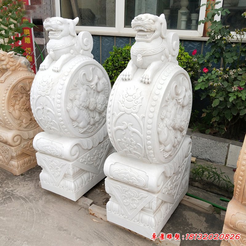 汉白玉狮子抱鼓  石雕庭院门口雕塑 (14)