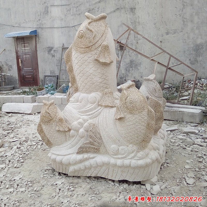 鲤鱼喷泉石雕，大理石景观雕塑