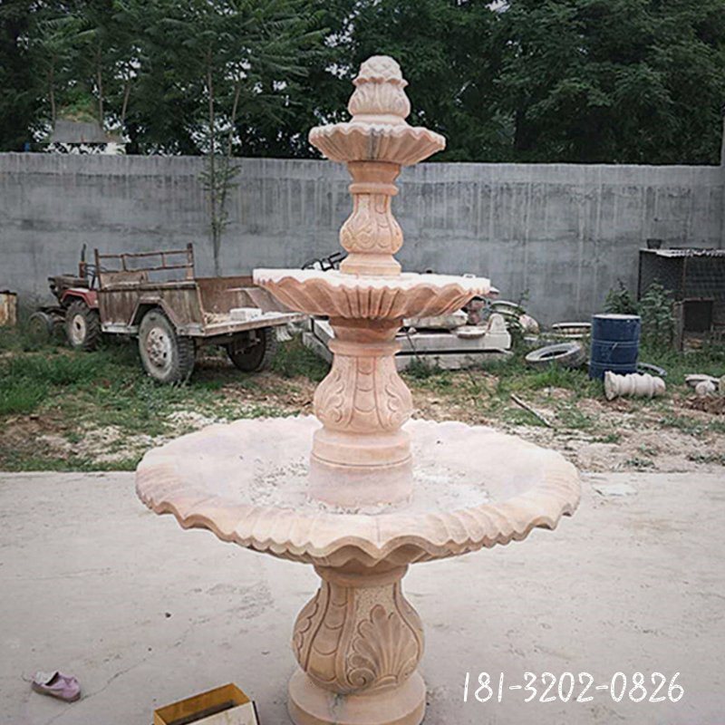 跌水盆石雕，晚霞红小型喷泉石雕 (5)