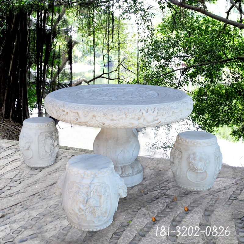 圆桌圆凳石雕，仿古桌凳 (2)