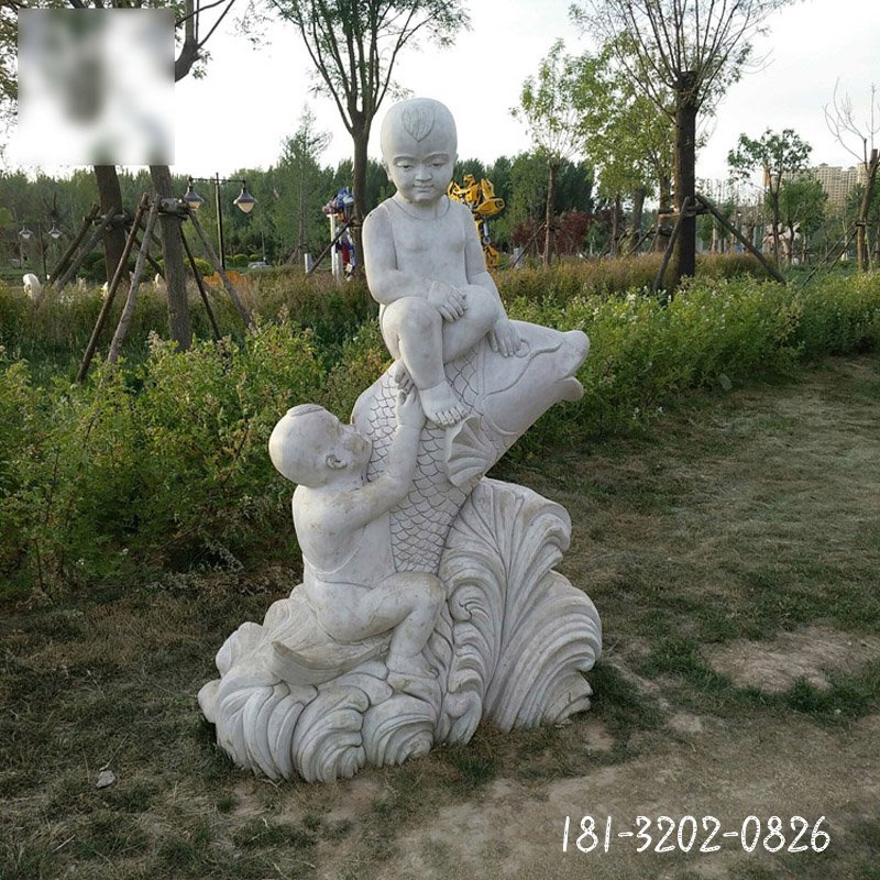 大理石做在海豚儿童  石雕 广场景观雕塑