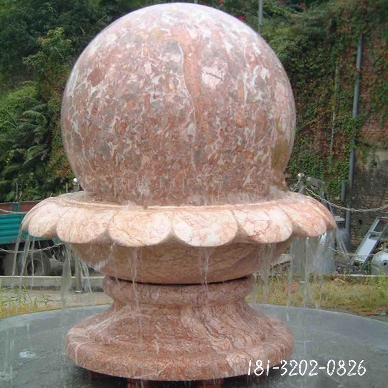 莲花风水球石雕 晚霞红风水球雕塑 (1)