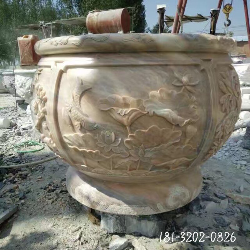 荷花鱼浮雕水缸，晚霞红圆形石水缸