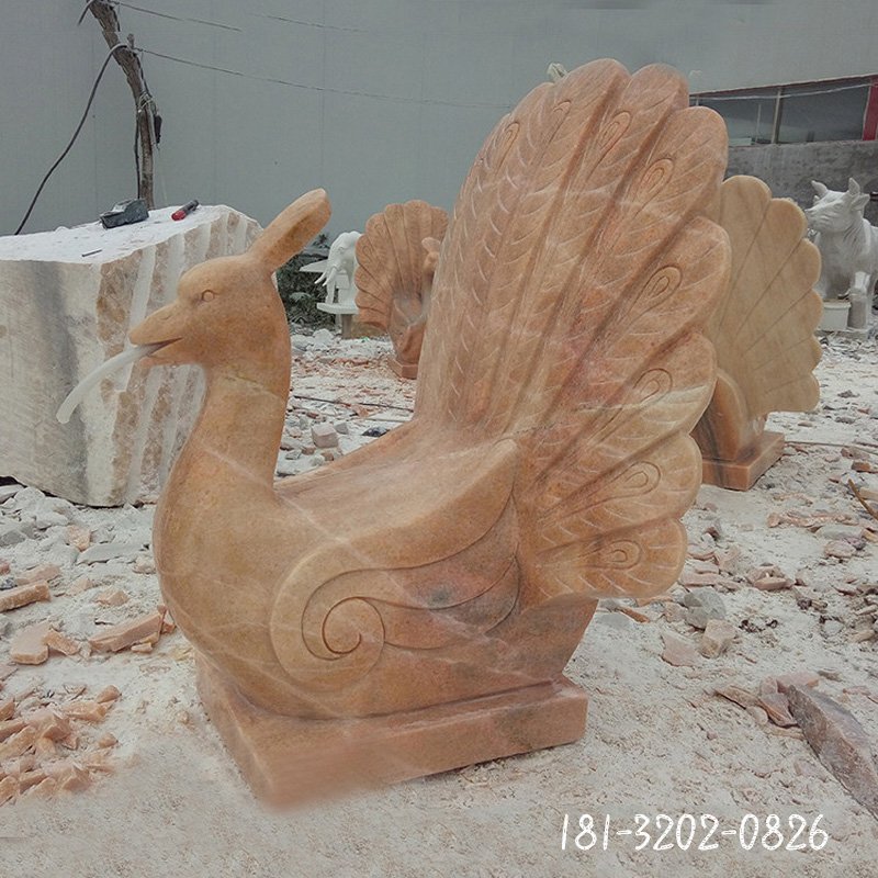 孔雀喷泉石雕，晚霞红喷水孔雀 (2)