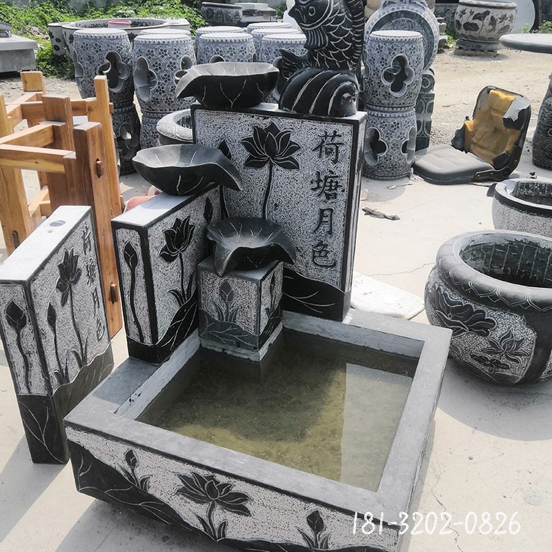 流水摆件石雕荷塘月色庭院室内景观鱼缸摆件公园园林仿古石槽造景113868