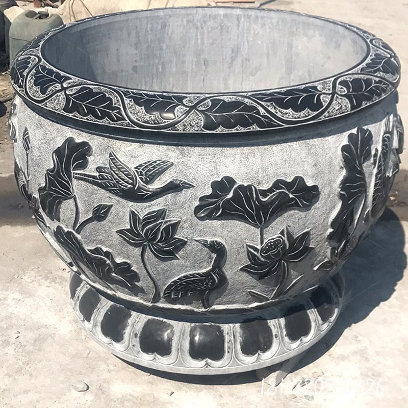 荷花仙鹤浮雕水缸，公园仿古圆形水缸石雕 (2)