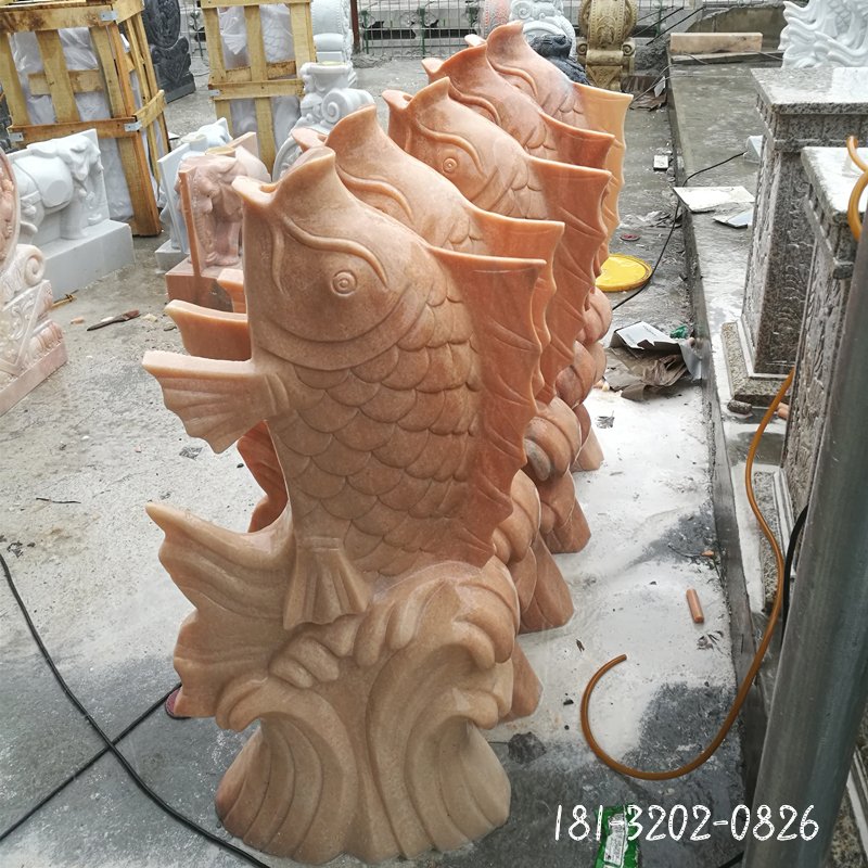 喷泉鱼石雕，晚霞红石雕鱼 (3)