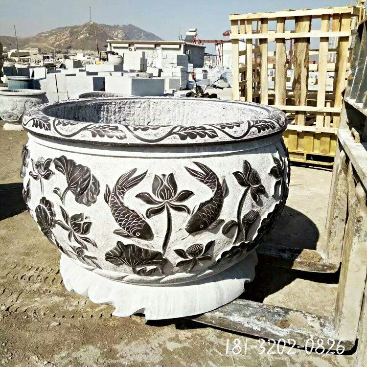 青石仿古荷花养鱼花盆庭院景观花盆摆件铜钱花纹浮雕价格优惠76071