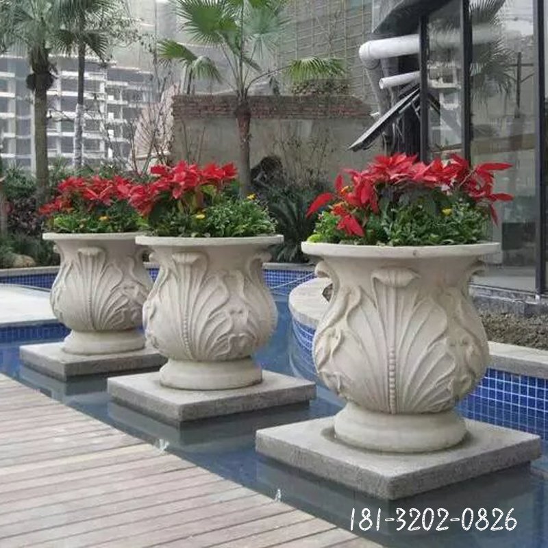 石雕花盆，公园景观雕塑 (26)