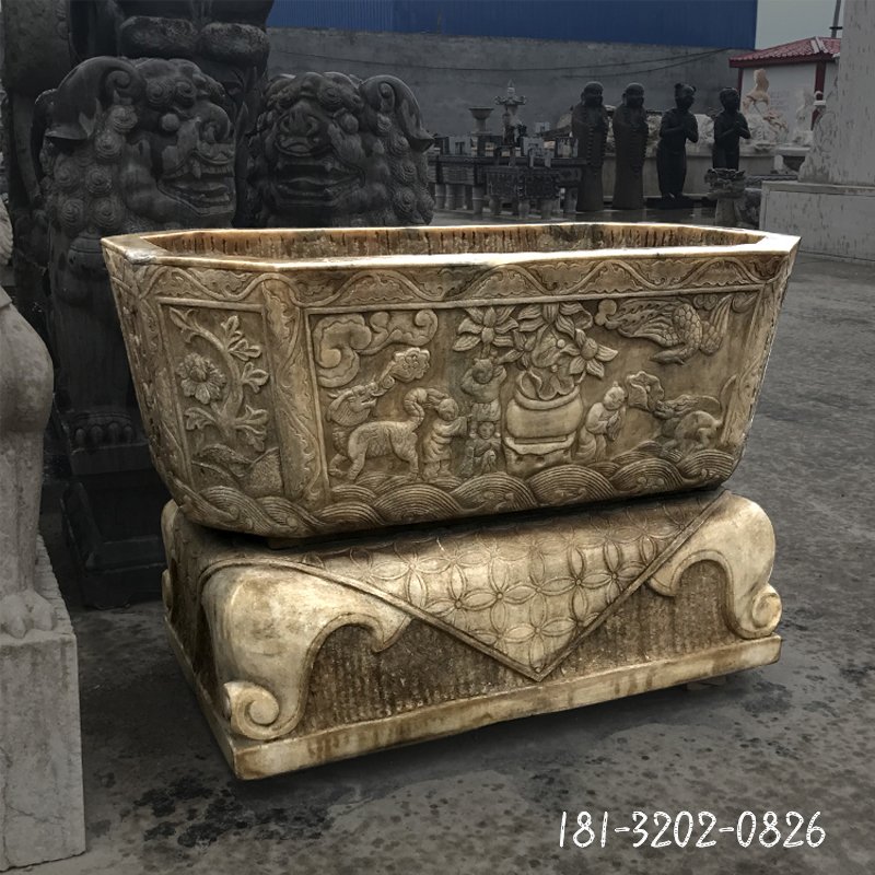 仿古水缸，石浮雕水缸