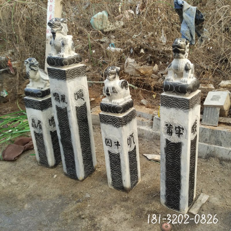青石拴马桩，龙九子拴马柱石雕 (1)
