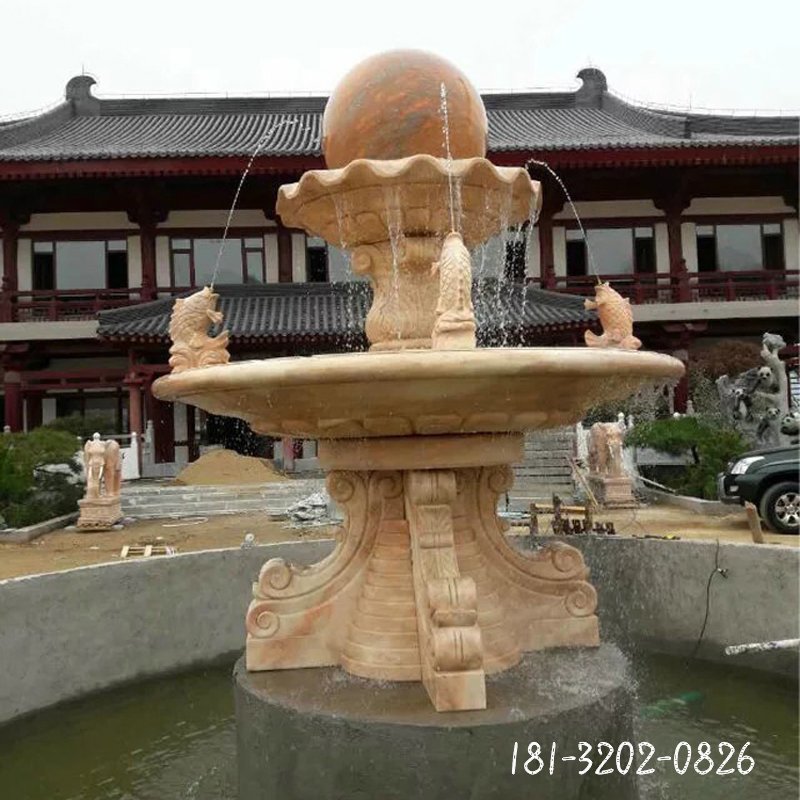 双层风水球喷泉石雕 晚霞红鲤鱼喷泉石雕
