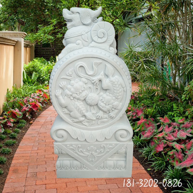 汉白玉狮子抱鼓  石雕庭院门口雕塑 (21)