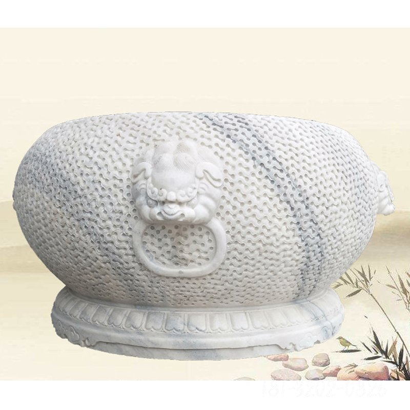 狴犴浮雕水缸 庭院圆形荷花缸石雕