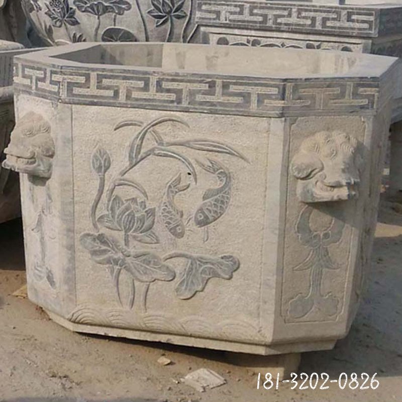 鲤鱼荷花浮雕水缸 青石仿古水缸石雕  (11)