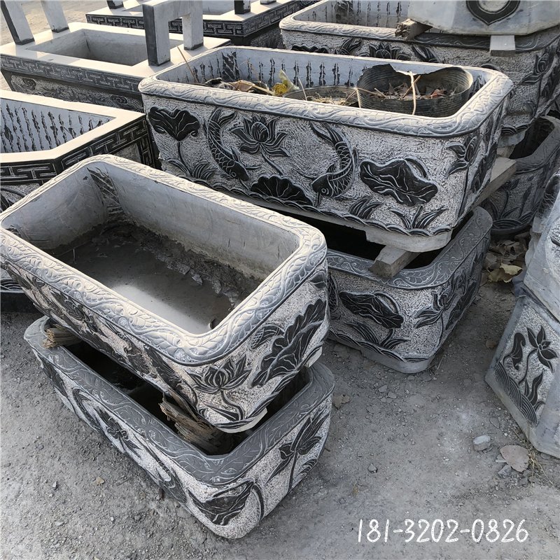 仿古石水缸，荷花鲤鱼石浮雕水缸 (2)
