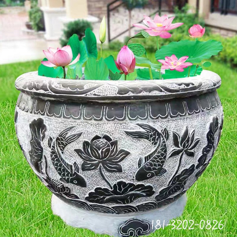 仿古石雕花盆鱼缸荷叶缸批发仿古青石圆形鱼缸汉白玉花盆鱼缸摆件121199