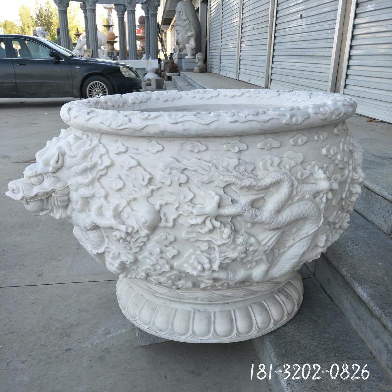 龙浮雕水缸 石雕小区景观雕塑