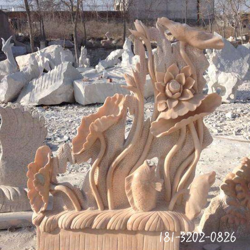 荷花鱼石雕，晚霞红景观石雕