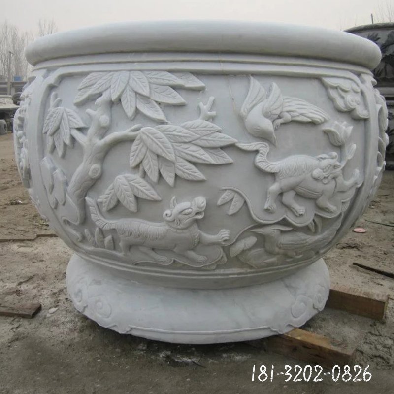 汉白玉水盆石雕,仿古水盆
