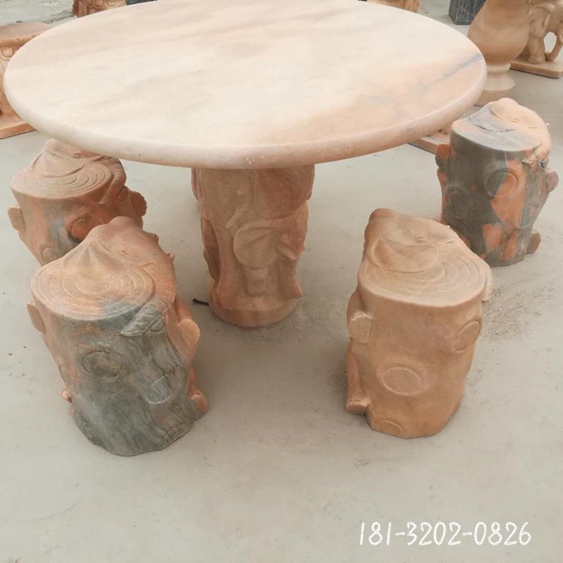 仿木大象桌凳石雕 晚霞红桌凳石雕