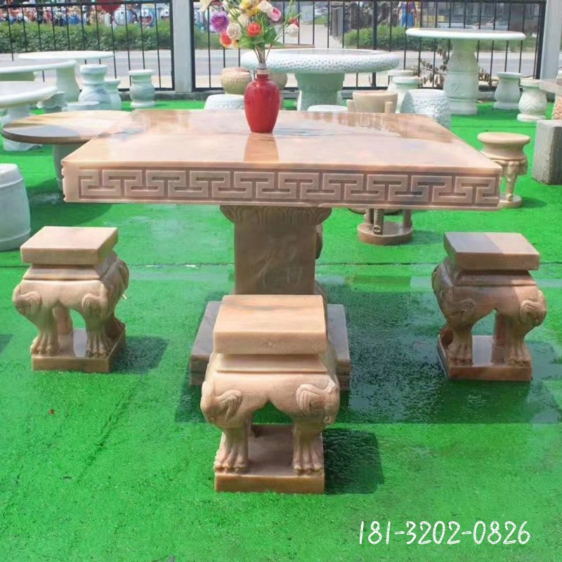 方桌方凳石雕，晚霞红石雕桌凳