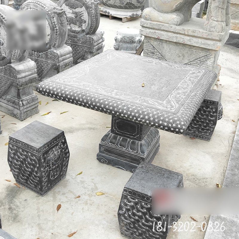 方桌石雕，青石仿古桌椅 (2)