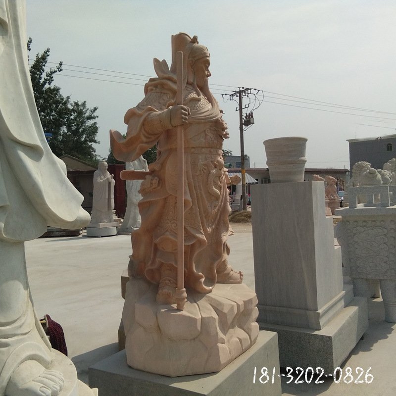 厂家定制晚霞红石雕关公像汉白玉关羽像武神雕塑古代传统关公雕像93971