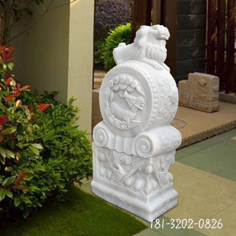 汉白玉镇宅抱鼓石狮子门墩石雕 (3)