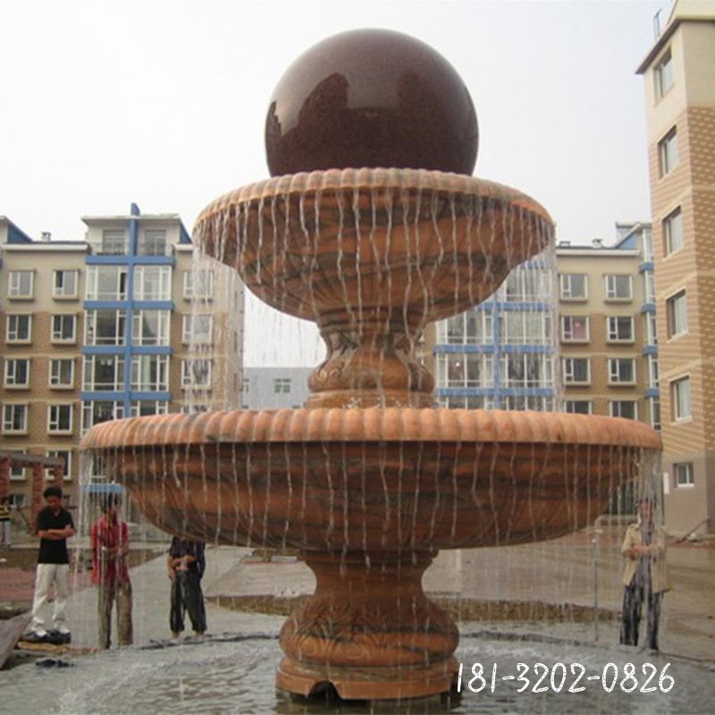 供应晚霞红石雕水转球喷泉  工厂直销中式天然石材球水钵定制60264