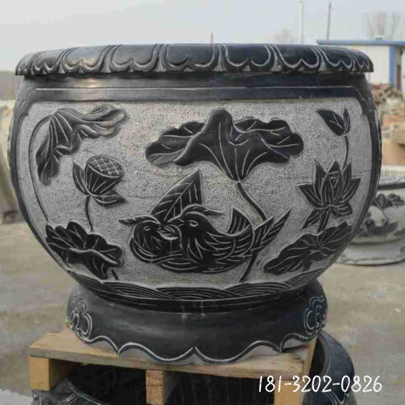 仿古鸳鸯荷花石浮雕水缸雕塑