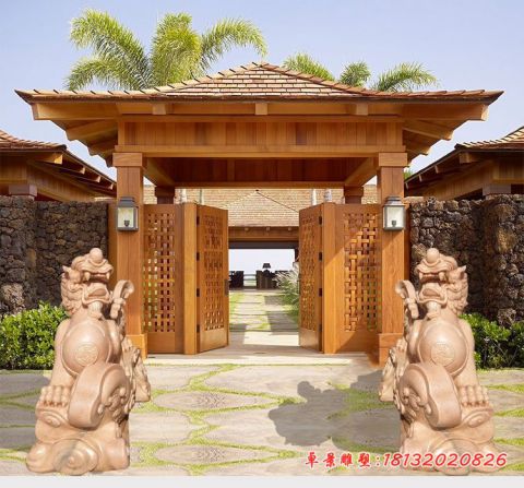 门口晚霞红踩球貔貅石雕