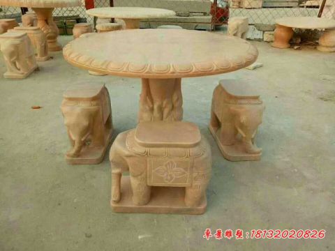 庭院晚霞红大象桌凳石雕