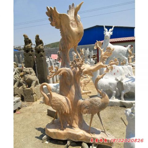 公园动物晚霞红仙鹤石雕