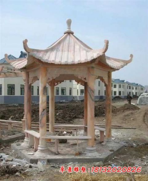 公园晚霞红六角凉亭石雕