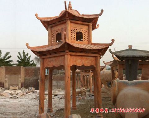 公园晚霞红凉亭石雕