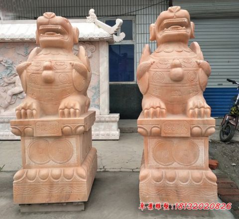 门口石雕招财晚霞红貔貅石雕