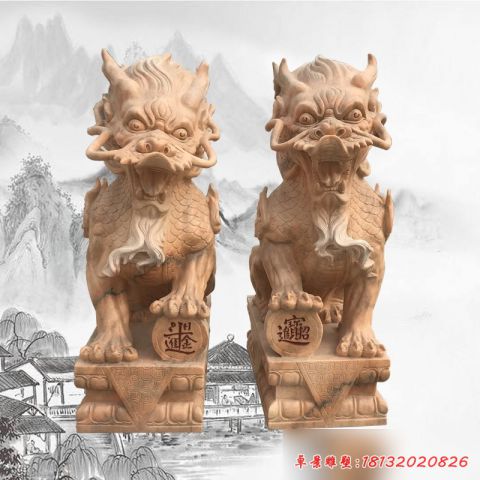 门口晚霞红招财进宝麒麟石雕