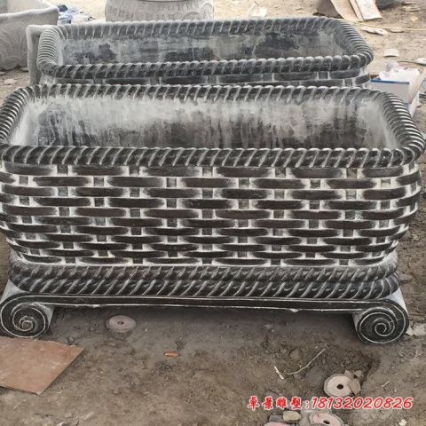 公园青石仿古编织花纹浮雕石水缸