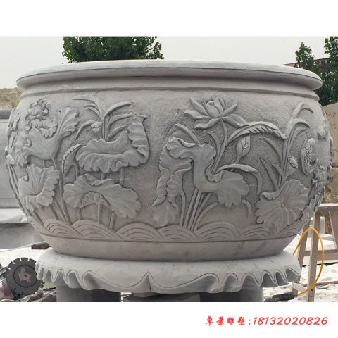 庭院莲花鲤鱼浮雕石水缸