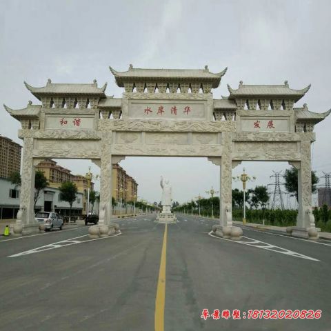 小区大理石三门七楼牌坊石雕