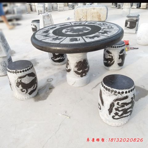 仿古十二生肖浮雕石桌凳