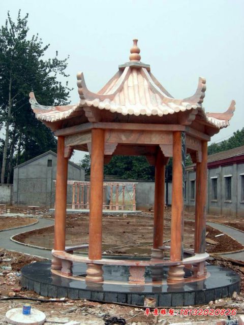 六角晚霞红公园凉亭石雕