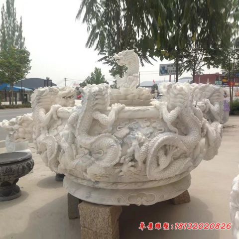 庭院汉白玉龙浮雕水缸石雕