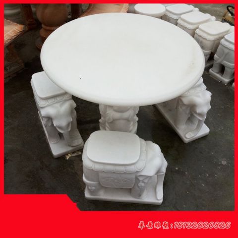 别墅汉白玉小象桌凳石雕
