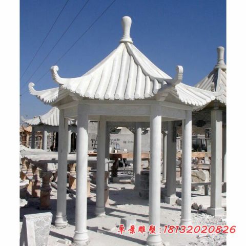 景区汉白玉六角凉亭石雕
