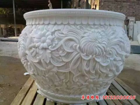 汉白玉菊花浮雕石水缸
