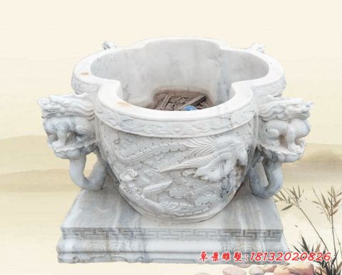 汉白玉凤凰浮雕水缸石雕