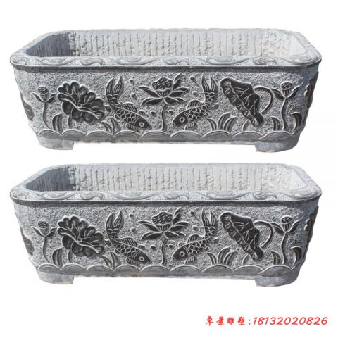 青石莲花鲤鱼浮雕水缸