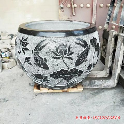 青石仿古莲花鲤鱼浮雕水缸石雕